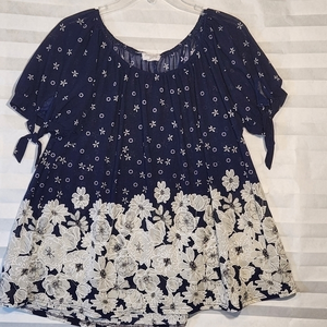 Siren Lily 1X Sheer Navy Blue/ White Floral Blouse Keyhole & Tie on Sleeve Flowy